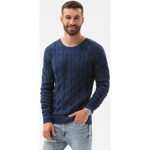 Ombre  Sweter męski z warkoczowym splotem - ciemnoniebieski V2 E195  Mellények / Kardigánok